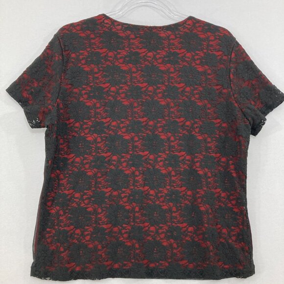 Carole Little size XL Black Red Mesh Lace Asian Print Whimsigoth Y2K Stretch Top - Picture 10 of 11